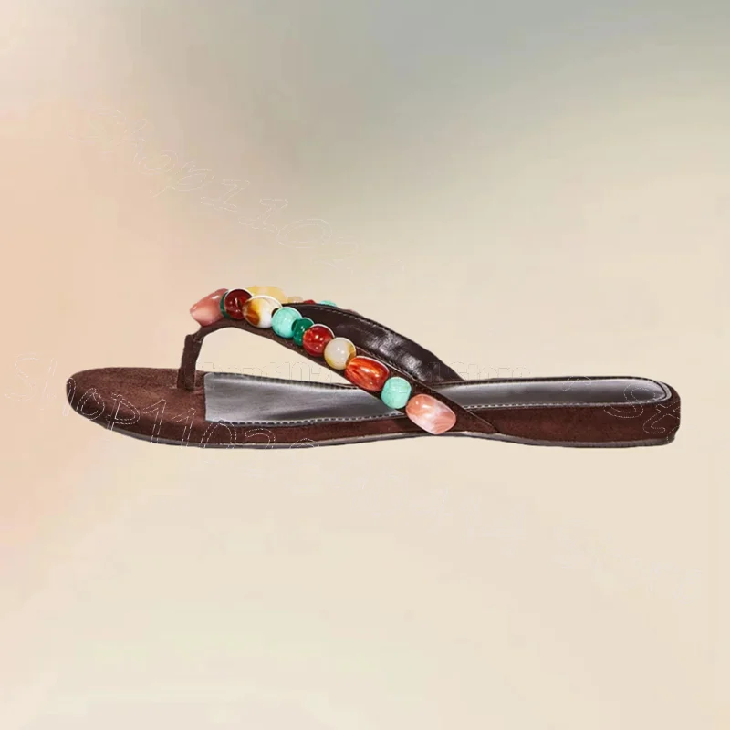 

Colorful Beads Design Brown Flip Flop Slippers Slip On Women Shoes Low Top Novel Party Banquet Dating 2026 Zapatos Para Mujere
