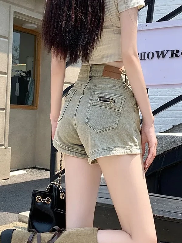 

High Waist Elastic Denim Shorts Women's Summer Vintage Straight Leg Tight Fit Wrap around A-Line Hot Pants Back Pocket Zipper...
