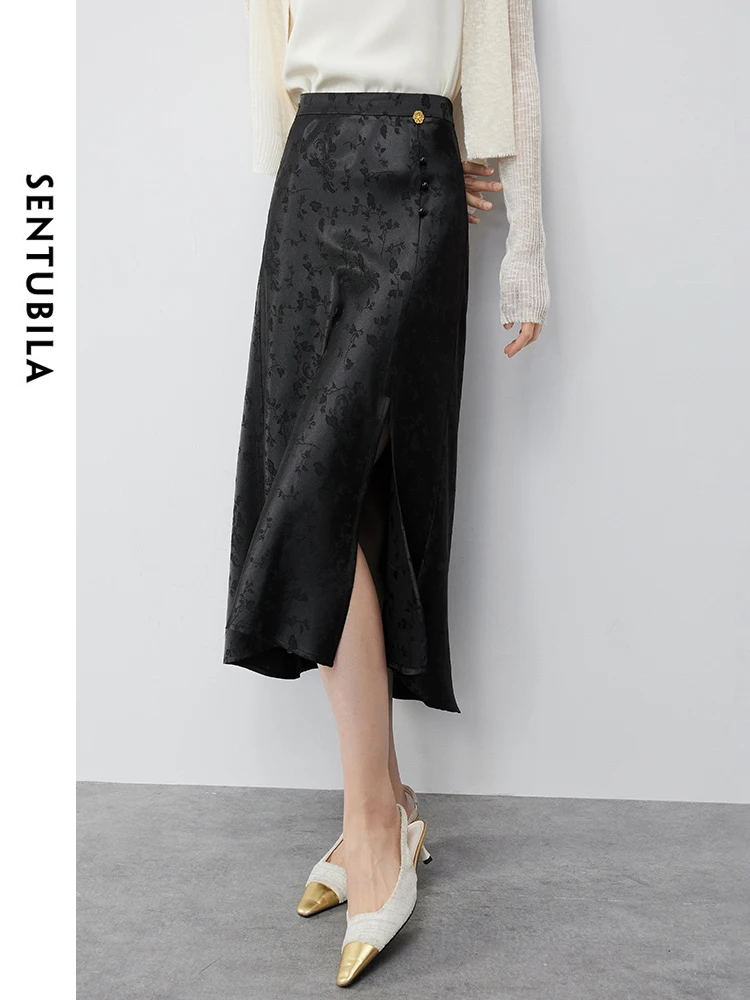 SENTUBILA Chinese Style Jacquard Black Skirt 2024 Summer Commuter Split Solid Simple A-line Midi Skirts for Women 142Q54886