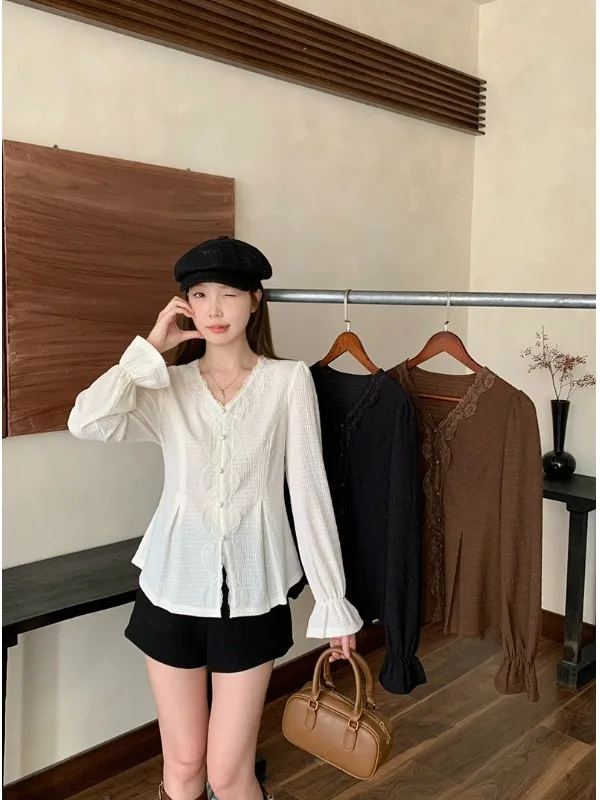 

plus Size Lace Splice Long Sleeve Shirt Women's Fashion Spring New Style Slimming Top Korean Style Commute Wind Regular Sleeve