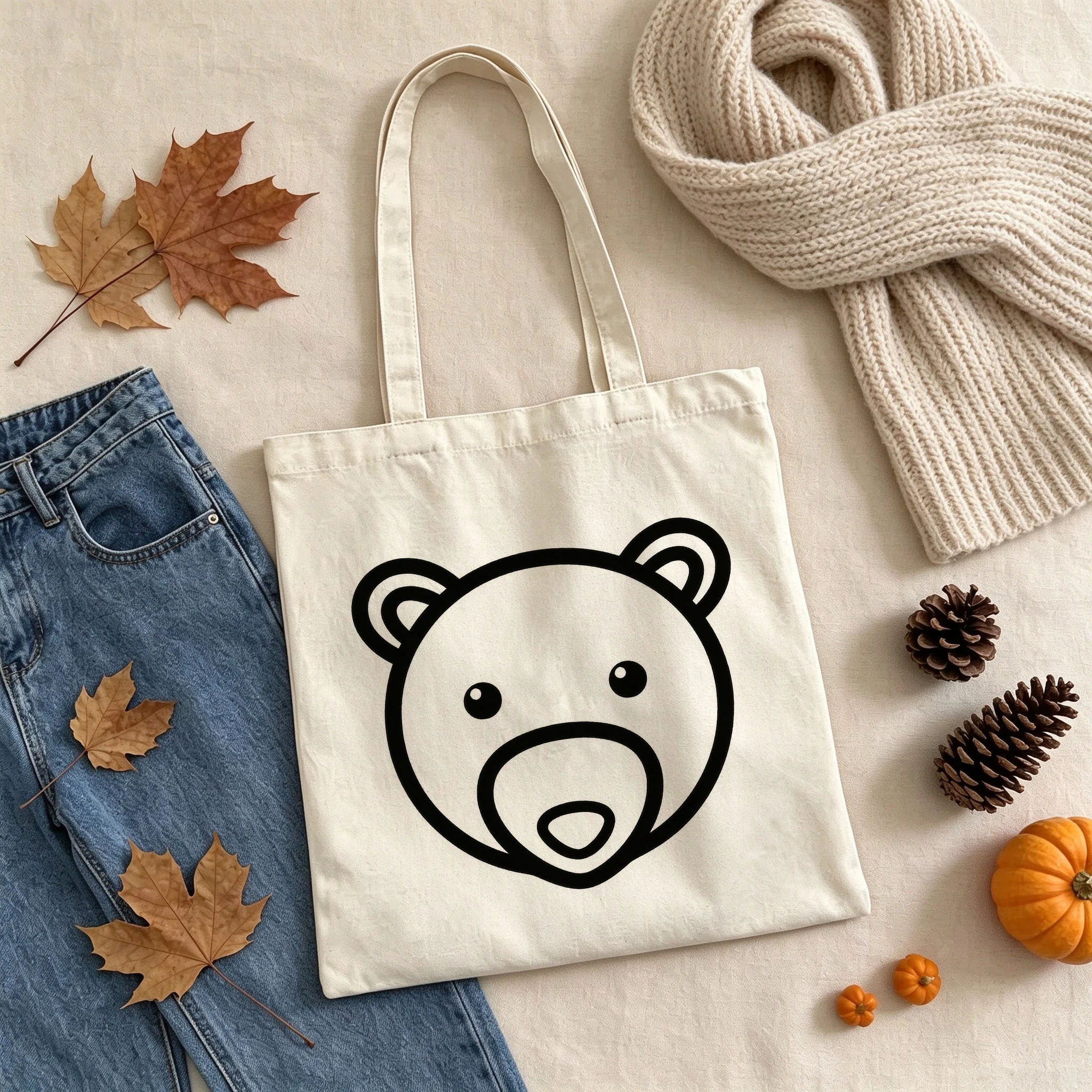 Personalized Bear Face Canvas Tote Bag Custom Name Minimalist Line Art Cute Simple Grocery Shopping Bag Reusable for Women Gifts