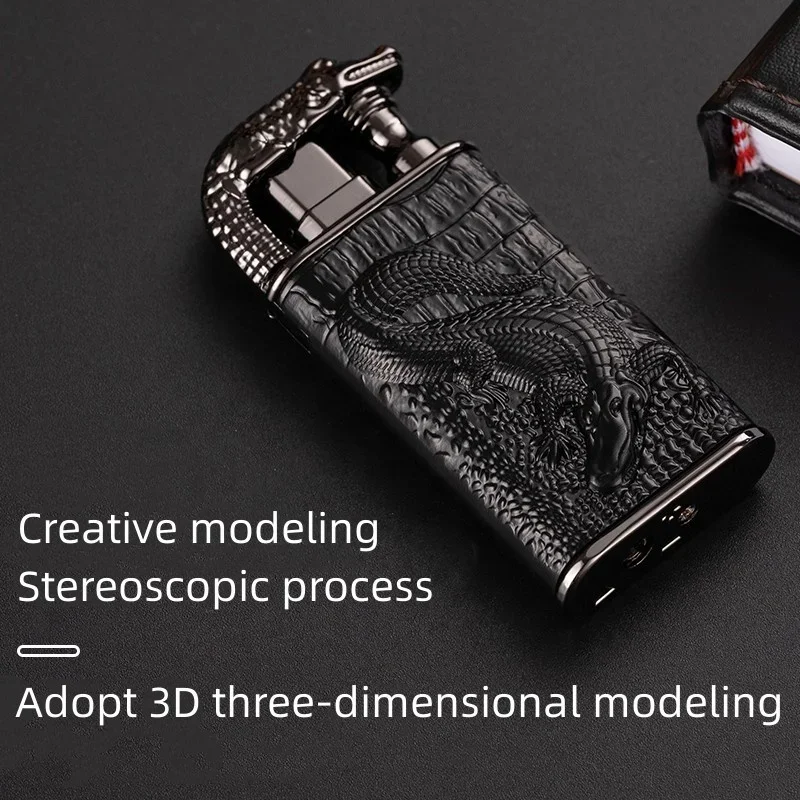 2024 3D Relief Dragon Crocodile Double Fire Lighter Metal Windproof Jet Fire Open Fire Conversion Gas Lighter Smoking Men\'s Gift