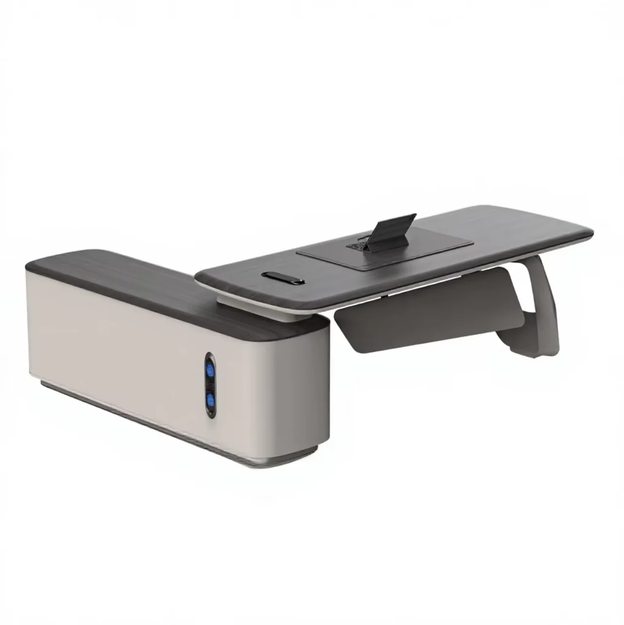 Luxury L-Shaped Executive Desk Dual-Fan PC Cooling Modern Elegant Grey Ultra-Thick Privacy Storage Charging Station