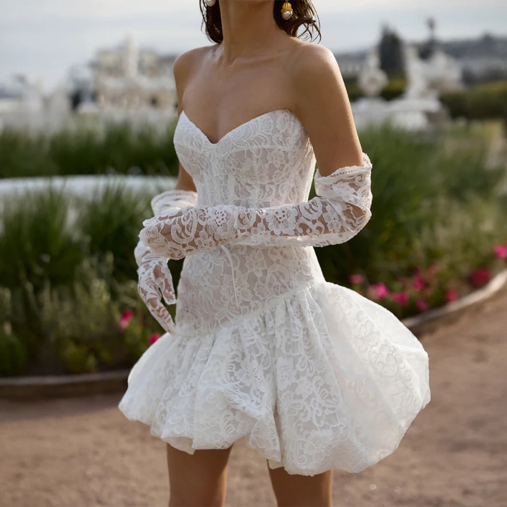 Customized Soft Delicate Dreamy Heart Tube Neck Lace Short Dress Flounce Hem Voluminous Tulle Nuptial Outfit for Bride Banquet