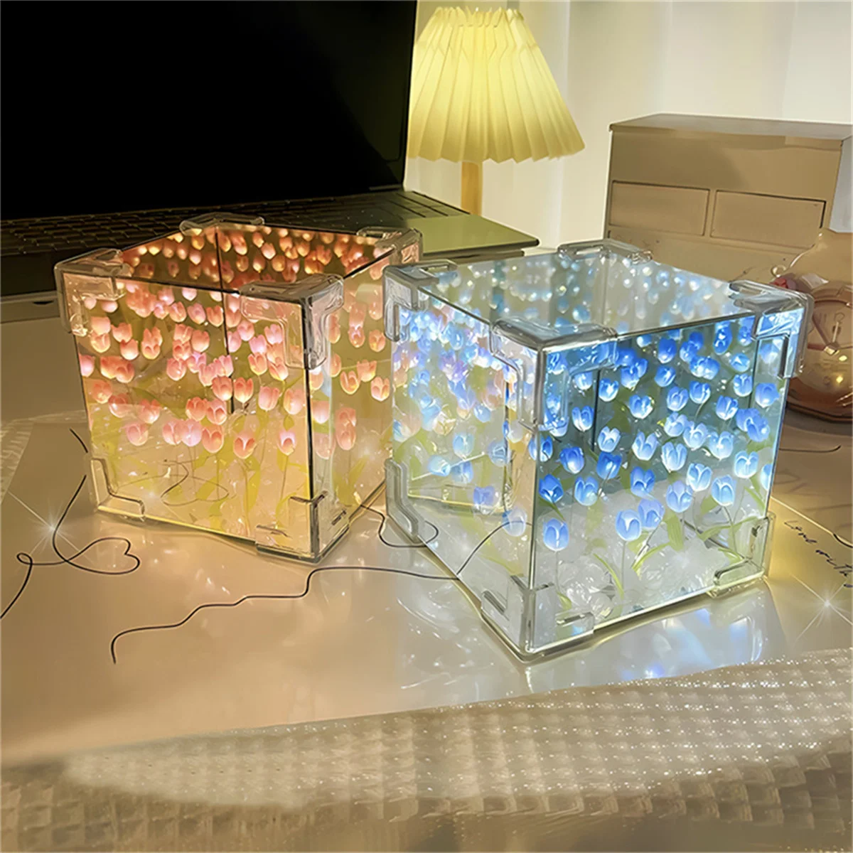 3D Mirror Night Light Decorative Ornaments DIY Handmade Material Set Romantic Flower Sea Tulip Rubik Cube Desktop Birthday Gifts