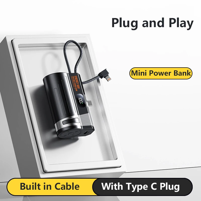 

Capsule Power Bank External Battery 22.5W Fast Charging Powerbank for iPhone Samsung Xiaomi Portable Charger with Cable 10000mAh