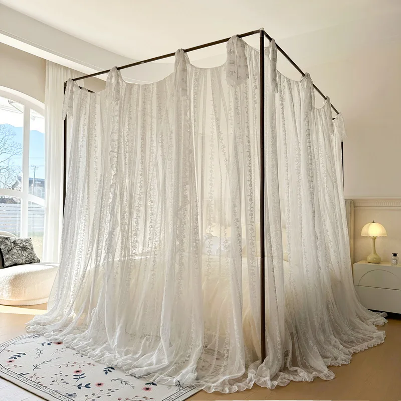 Elegant Lace Jacquard White Mosquito Net Without Bracket Retro Court Style Three Door Bed Curtain Decoration In Girls' Bedroom