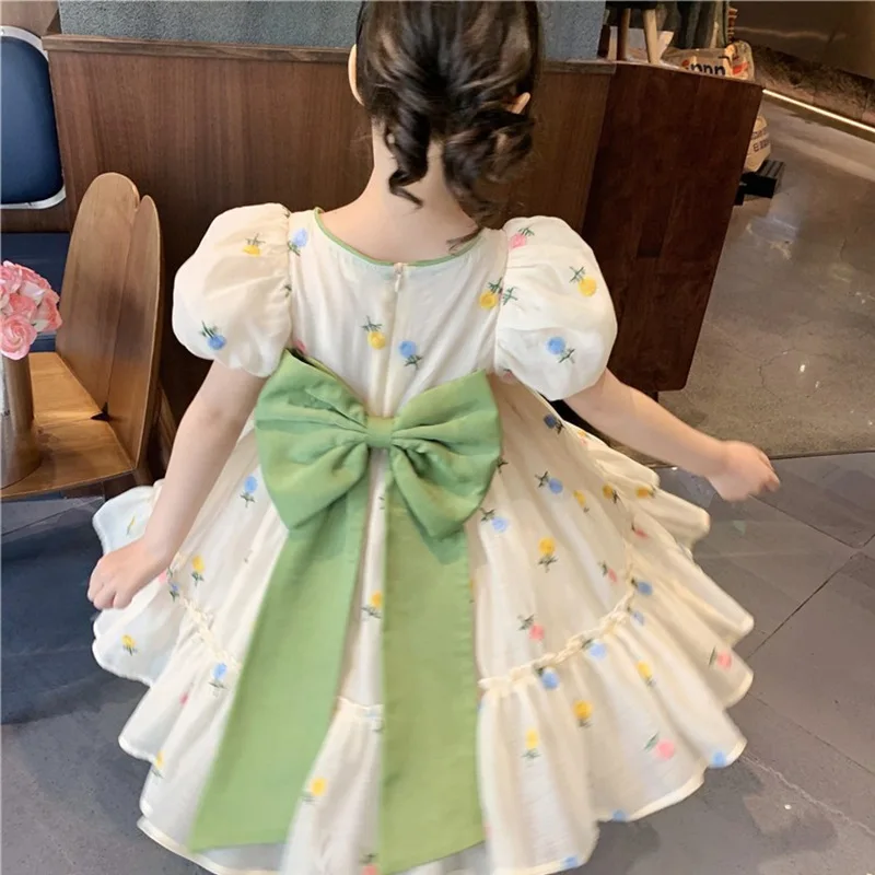 2023 Girls Summer Dress Flowers Embroidery Big Bow Kids Girl Princess Birthday Dresses Children Vestidos Clothes 2-14age