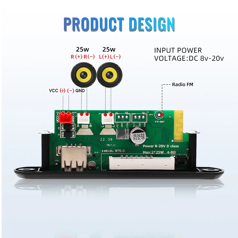 Плата декодера Bluetooth 5,0, MP3-плеер, усилитель 50 Вт, беспроводной музыкальный аудиоплеер, FM-радио, USB-модуль громкой связи для автомобильного динамика