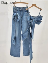 Vintage Fashion Straight Wide Leg Jeans Women 2024 Spring New Retro Hot Girl Three-Dimensional Bow Tube Top Vest High Street