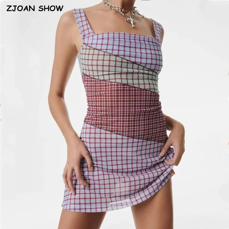 2023 Sexy Ruched U Collar Contrast Color Plaid Print Mini Mesh Sling Dress Women Packages Hips A-lined Robe With Lining