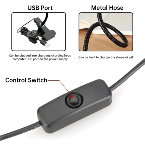 Гибкая настольная лампа с USB-питанием и зажимом для чтения — детальный вид товара