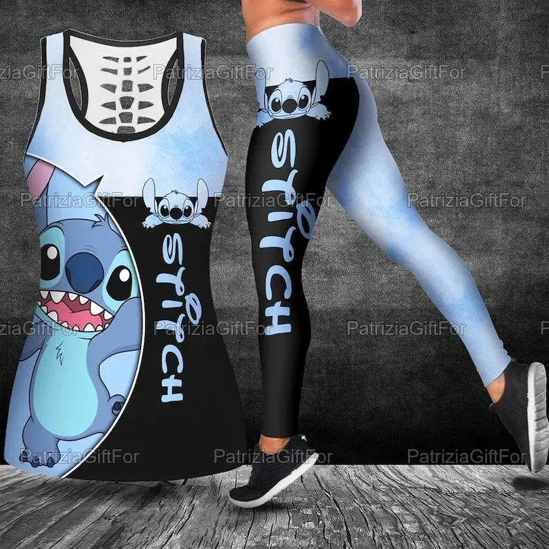 New Stitch Women\'s Cutout Tank Top Leggings Yoga Set Summer Fitness Leggings Tracksuit Disney Hollow Tank Top Leggings Set