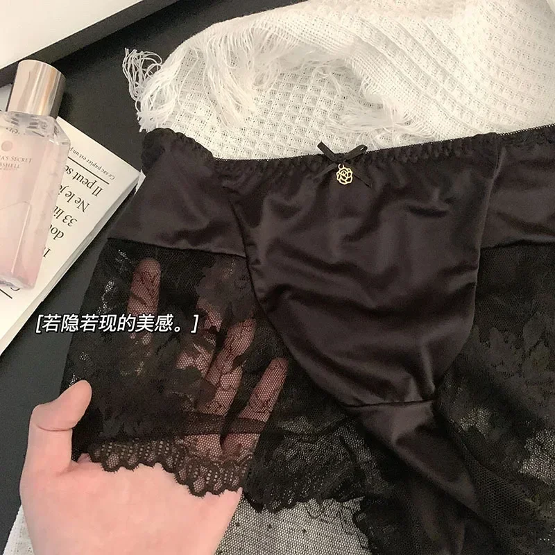 Large Underwear Women\'s High-waisted Sexy Lace Mesh Stitching Ice Silk Satin Mulberry Silk Crotch Bowknot Boxers Panties Sexy