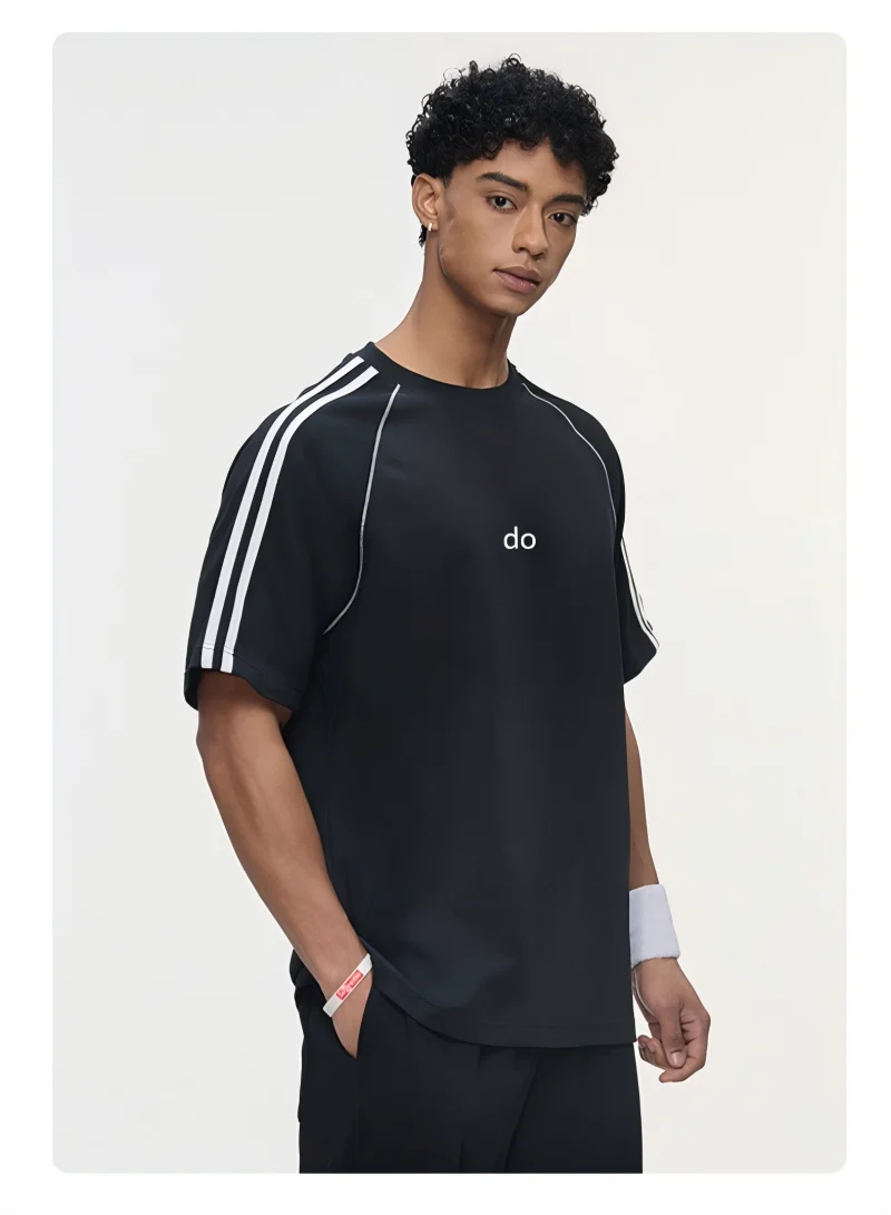 2026 men's sports striped top 240G pure cotton short sleeved t-shirt - street contrasting splicing short sleeved shirt