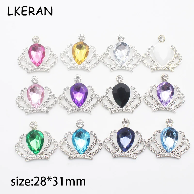 10 sztuk 28*31mm akrylowe Rhinestone korona guzikiem DIY łuk srebrny płaska podeszwa Craft dekoracyjne przyciski