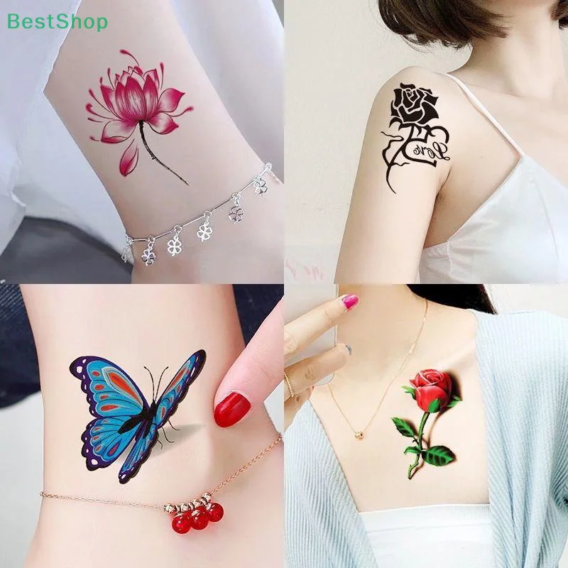20 fogli adesivi per tatuaggi temporanei impermeabili con fiori e farfalle, adesivi per il corpo rimovibili sexy, moda donna, di lunga durata