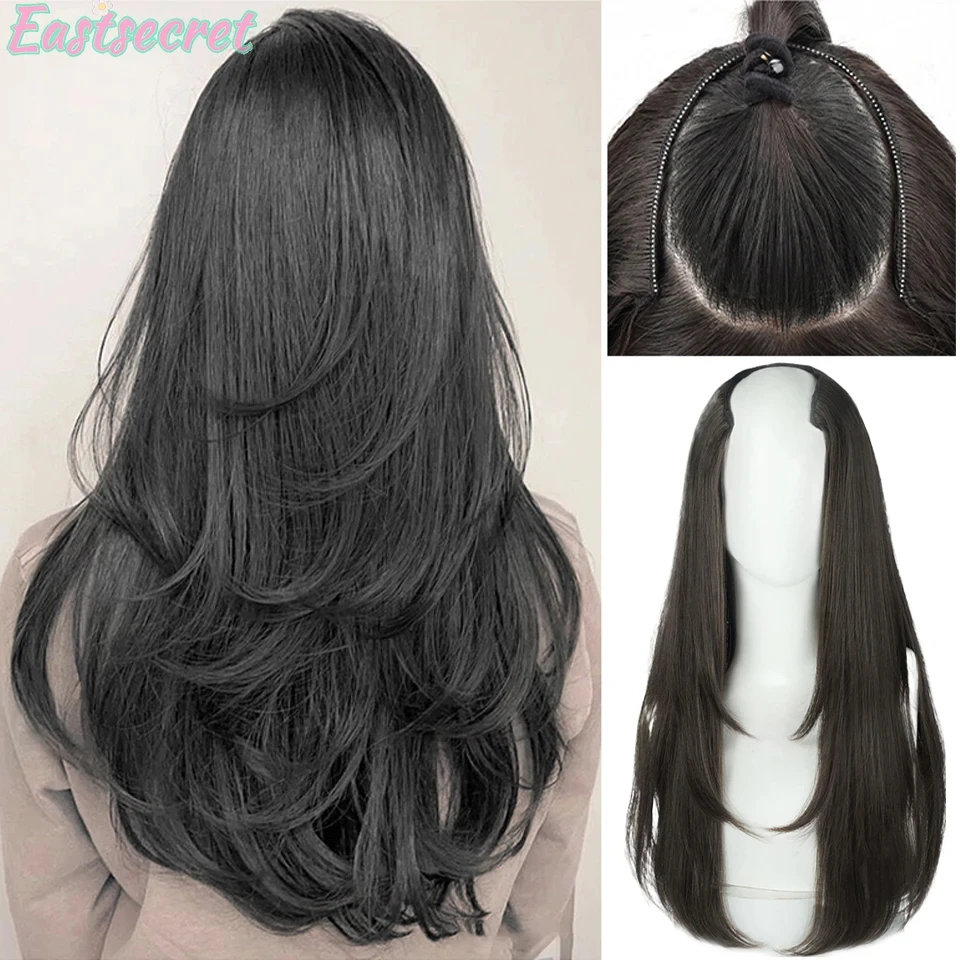 EAST Synthetic Wigs Long Straight hair V-shaped Layers Permed One-piece Non-trace Invisible Hair Extensions New Hair Extensions