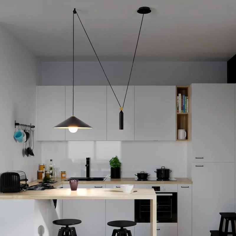 Imagem -03 - Nordic Industrial Polia Lifting Pendant Lights Led Sala de Estar Sala de Jantar Cozinha Casa Lustre Suspensão Luminária