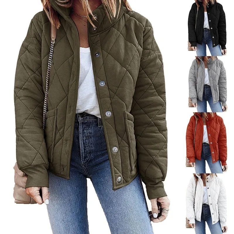 Women\'s Quilted Jacket Long Sleeve Spring and Autumn Thin Casual Stand-Up Collar Button Jacket with Pocket