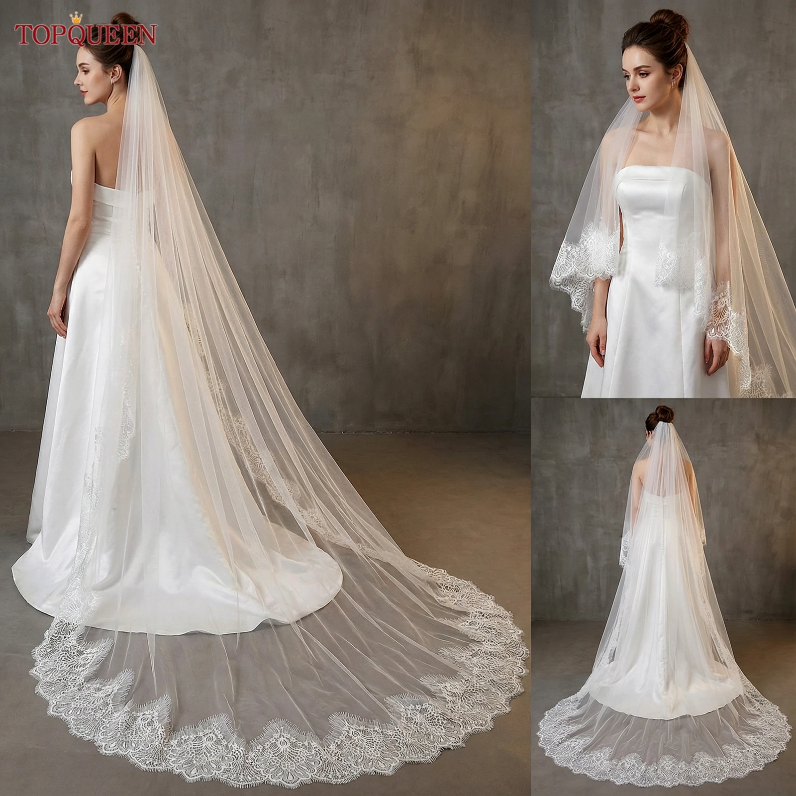 

TOPQUEEN Свадебная фата с кружевным краем, однослойная, элегантная, Rochie, романтическая, кружевная, с ресницами, соборная длина, настраиваемая V323
