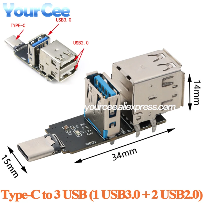 2pcs/1pc Type-C to 3 USBA interface expansion board module 1pc USB3.0 + 2pcs USB2.0 Splitter Conversion module
