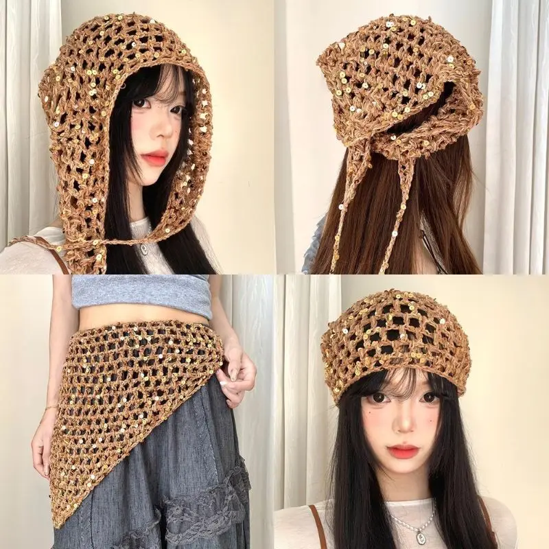 

Модный треугольный платок с пайетками, кружевной шарф для волос, летняя вязаная повязка на голову, многофункциональная повязка для волос, тонкая повязка на голову, декоративный аксессуар