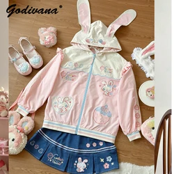 Original Cute Girl Strawberry Rabbit Ears Hooded Zipper Coat New Autumn Loose Windproof Jacket Embroidered Denim Skirt Outfits