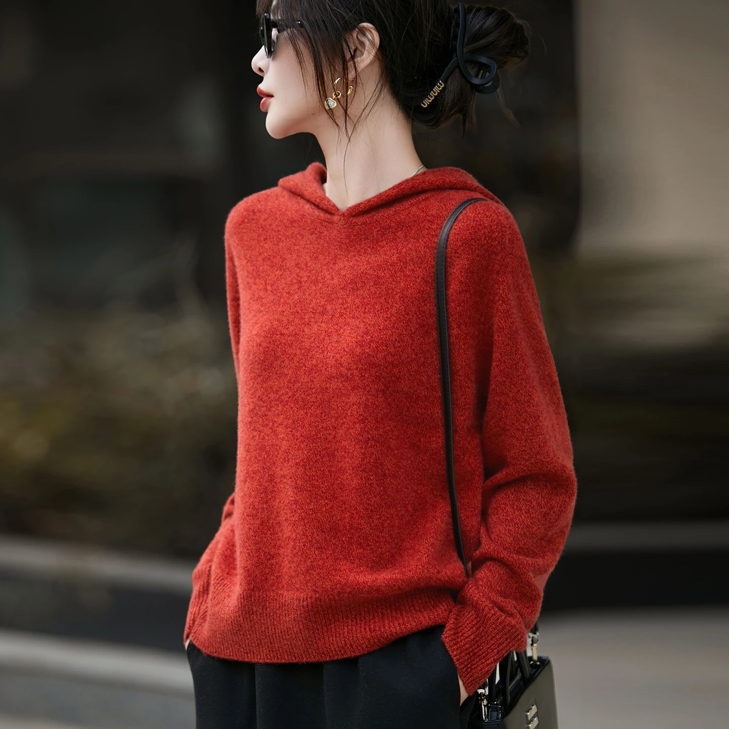 Winter Thicken Hoodie Loose Style Pullover Women Knitting 100% Merino Wool Sweater Front Shoulder Inversion High quality Tops