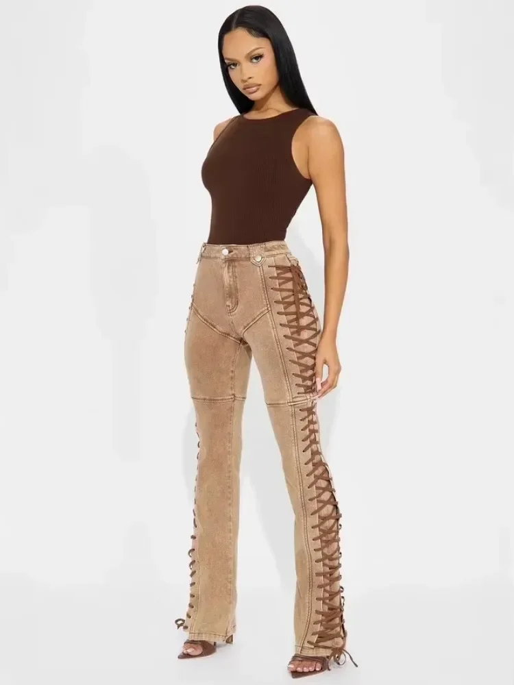 

CPSYMYM Women Streetwear Cutout Side Lace Up Cargo Pencil Denim Wide Leg Jeans Pants Fall Casual Fashion Holiday Trousers