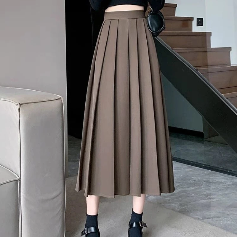 مزاجه الخريف دعوى جديدة التنانير النساء الصلبة مرونة عالية الخصر مطوي موضة مكتب سيدة ألف خط منتصف طول مطوي تنورة