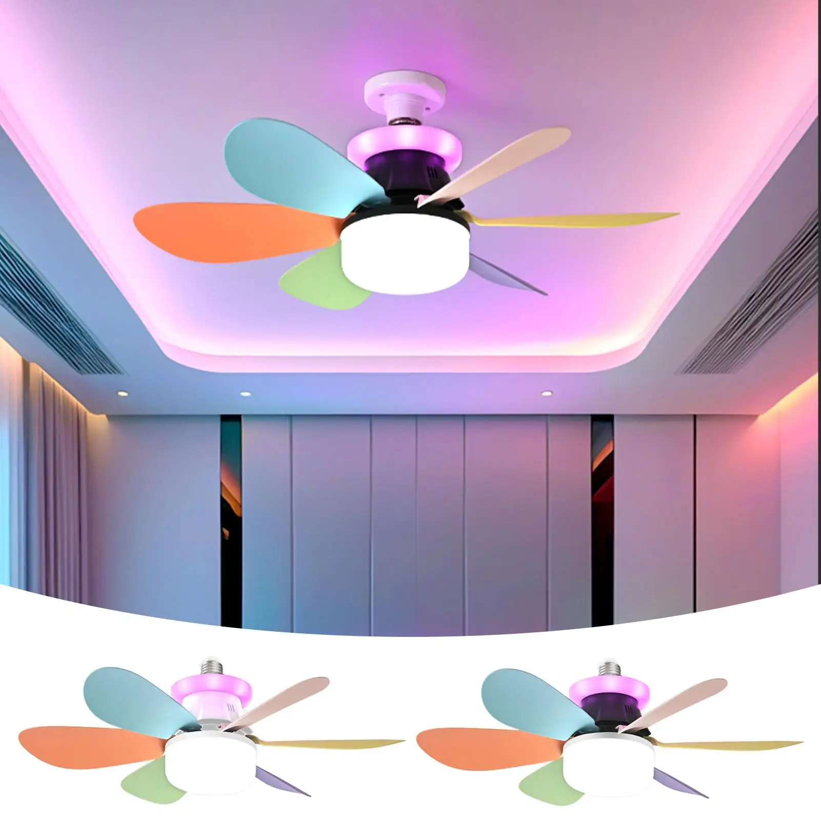 Smart Ceiling Fans With Lights 6-blade Quiet LED RGB Ambient Light 3 Speeds E27 Screw Mouth Removable Lamp For Kids Room