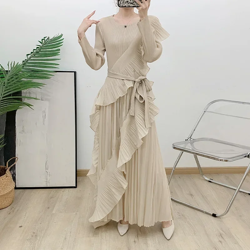 Miyake Pleated Ruffle Edge Long Dress 2024 Autumn New Solid Color Long Sleeve Dress Pleated Women\'s Dresses