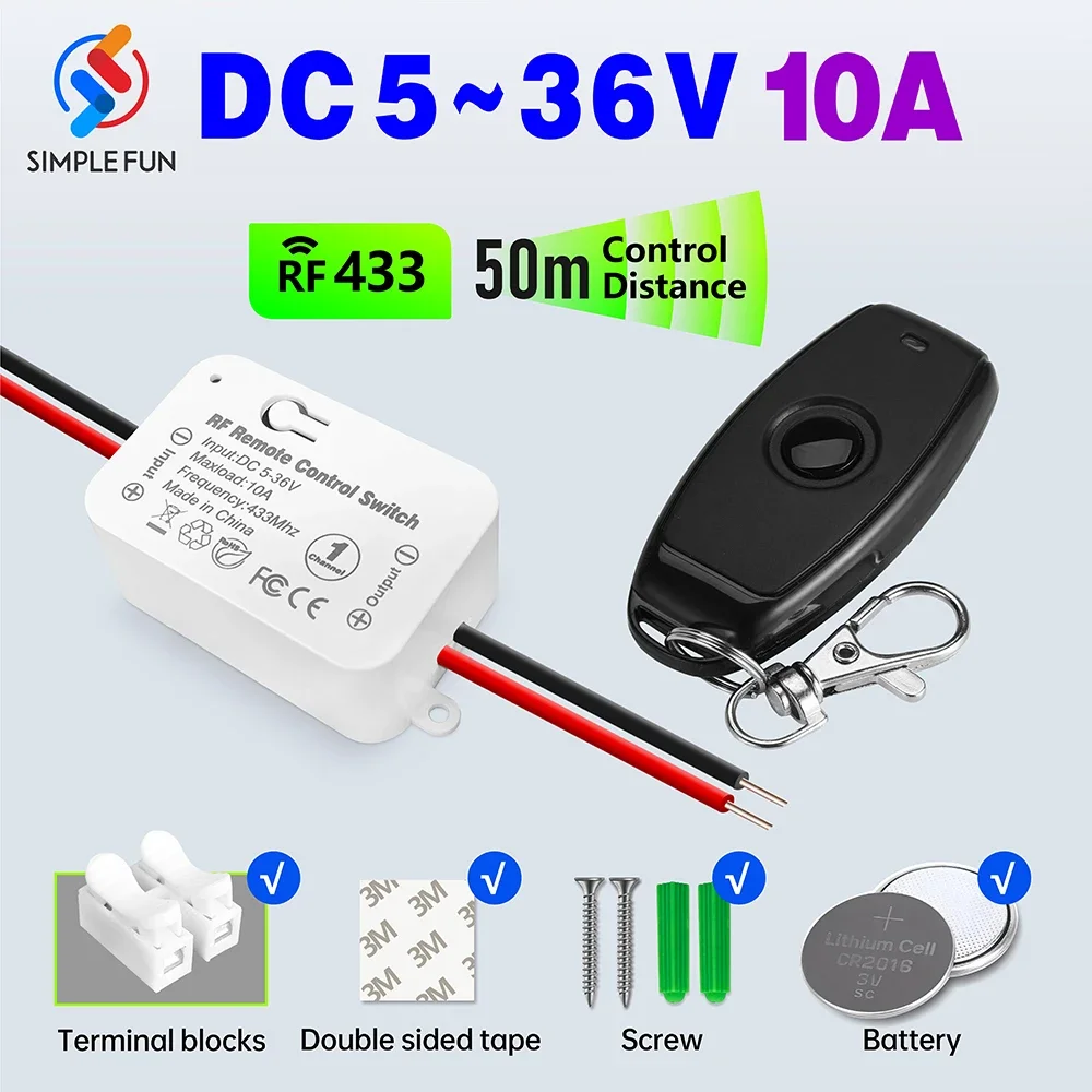 

433Mhz Wireless Remote Control Switch DC 6V 12V 24V 30V 36V 10A Mini RF Relay Receiver,50m Transmitter for Pumps Light LED Fan