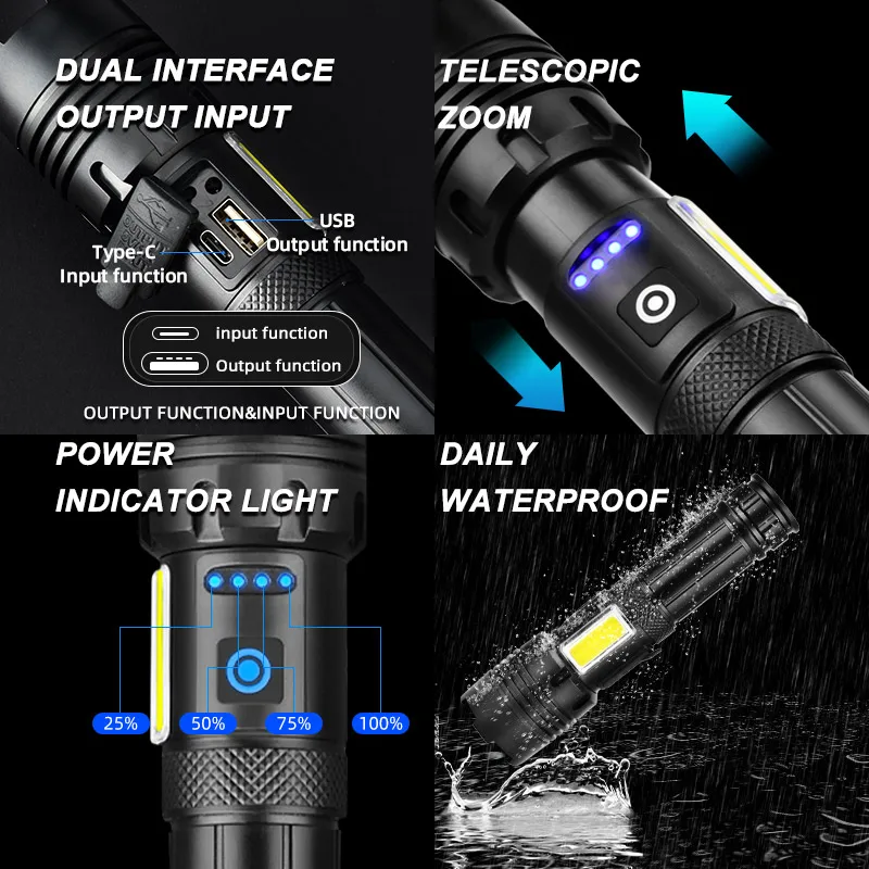 Super Powerful LED Flashlight With Side Lights High Power Torch Light Rechargeable Tactical Flashlight 18650 USB Camping Lamp