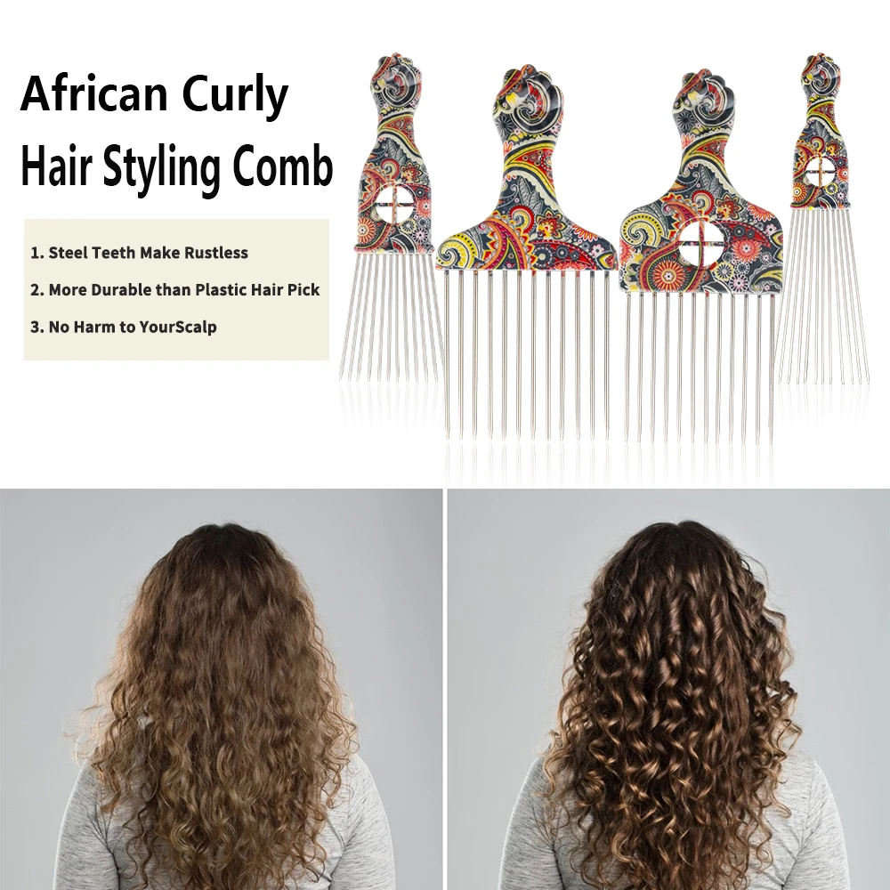 الفولاذ المقاوم للصدأ صالون شوكة مشط واسعة الأسنان تصفيف الشعر مشط الأفريقية الأفرو فرشاة شعر قبضة دبابيس معدنية اختيار الشعر مشط