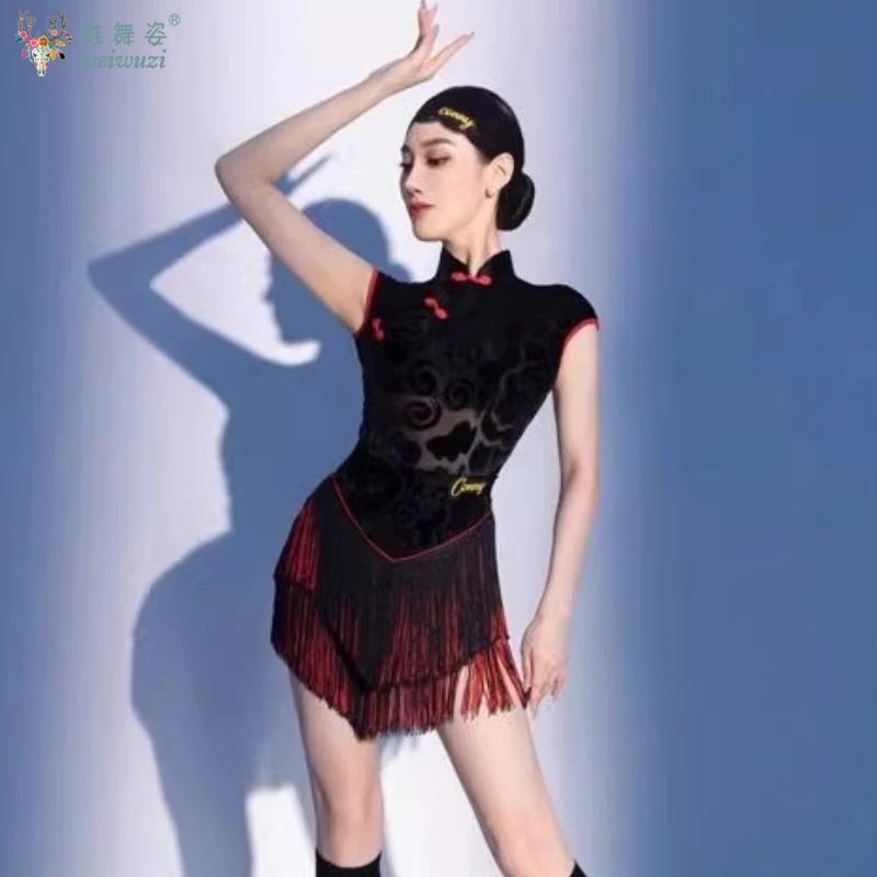 ملابس تدريب الرقص اللاتيني الراقية مثير شيونغسام عارية الذراعين هامش تنورة قصيرة أداء فستان الكبار المنافسة الملابس