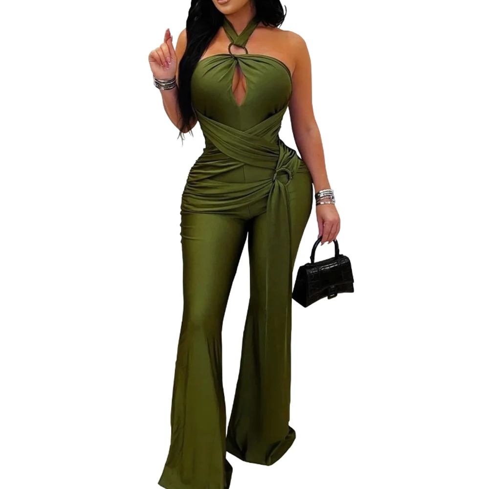 

Women Solid Color Halter Neck Jumpsuit Elegant Wide Leg Long Pants Party Romper