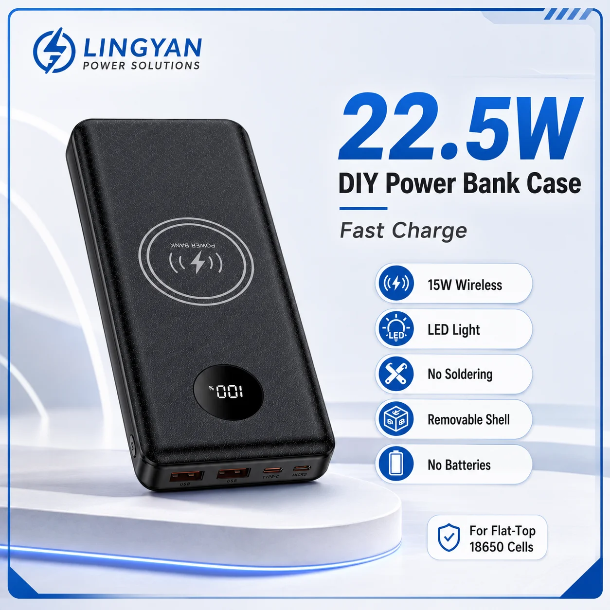 Dual Fast Charging DIY Battery Box 22.5W PD Wired 15W Wireless 8 Slot 18650 Power Bank Case Built-in LED Light