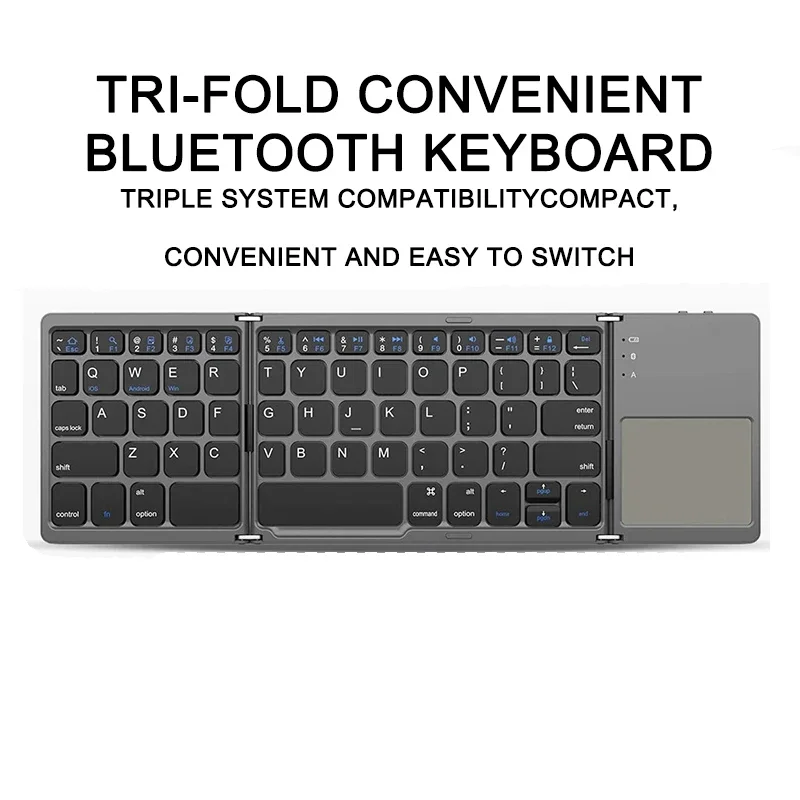 Tri-Folded Bluetooth Keyboard with Touchpad Foldable Ultra Slim Wireless Keyboard Support 3 Device Rechargeable Folding keyboard