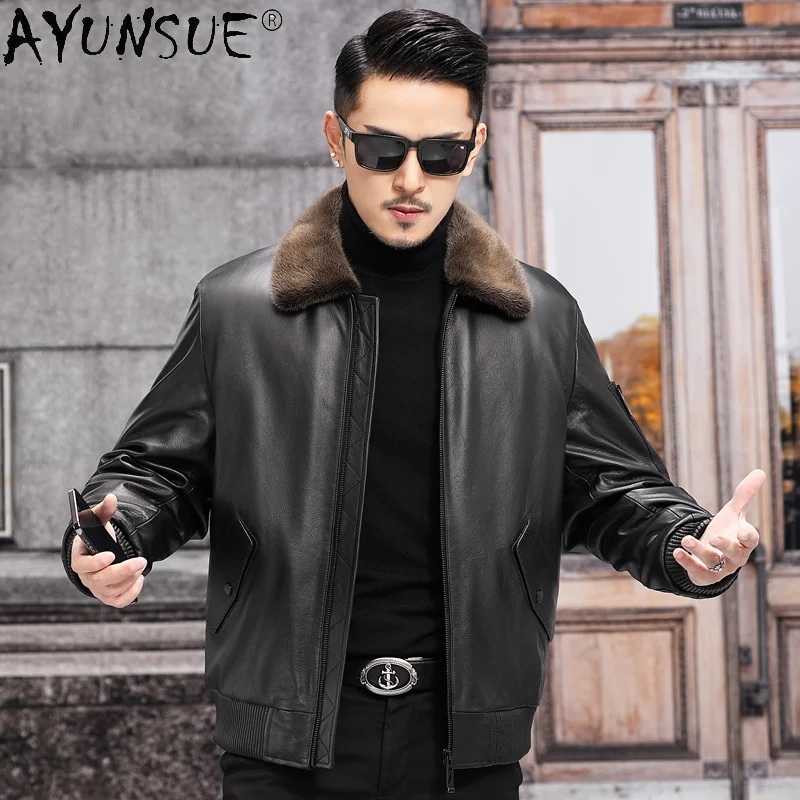 Men's Coat Genuine Cowhide Leather Jacket Men Winter 2021 Real Mink Fur Collar Male Casual Jaqueta Masculina Gxy757