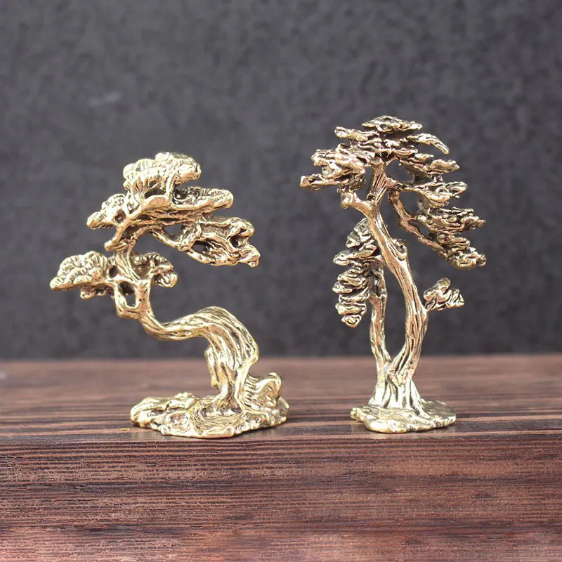1 Mini Bonsai Tree Statue Copper Alloy Miniature Welcoming Pine Miniature Tree Statue Landscape Decoration Metal Handicraft