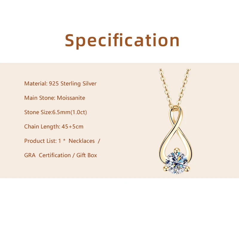 Lnngy Collier Argent 925 Sterling Silver Pendant Necklace Certified 6.5mm Round Cut Moissanite Infinity Necklace for Women