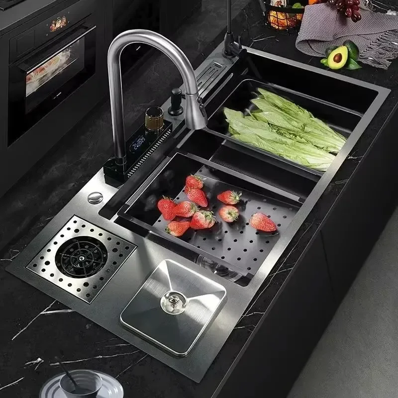 Multifunctional Vegetable And Bowl Wash Sink,Stainless Steel Kitchen Sink Waterfall with Trash Can Cup Extra Large Single Slot