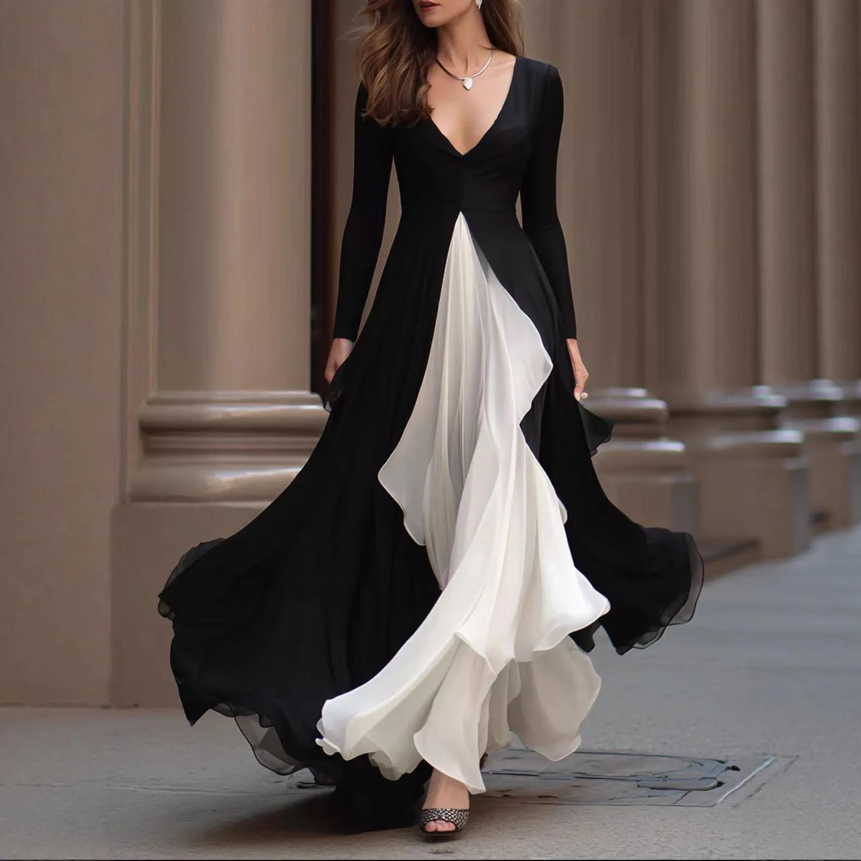 

French Elegant Long Dresses Women Black White Color Matching V-neck Long Sleeve Dress Temperament Lady Commuting Style Vestidos