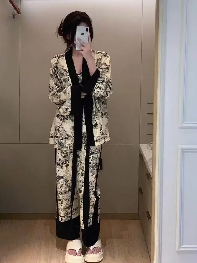 レトロ中国風水彩画柄スリーピースセット、ベルト付きストラップローブ、パンツ、ゆったりホームウェア、新中国風女性用寝間着 1