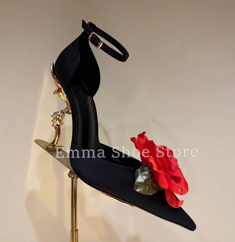 Designer Pointed Toe Red Flower Pumps 2025 New Shaped Metal Heel Sexy Women Sandals Ankle Buckle Elegant Wedding Dress Shoes
