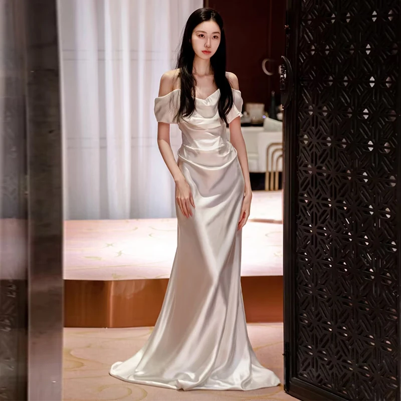 

Шелковое атласное легкое свадебное платье с одним открытым плечом, корейский стиль, с завышенной талией, на молнии сзади