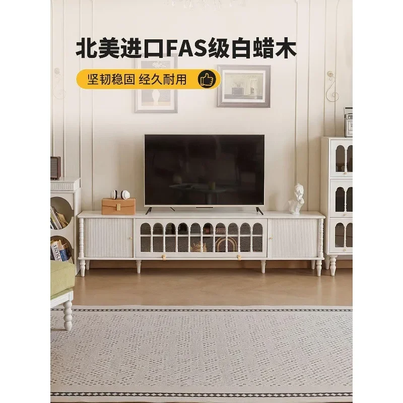 Cream Style TV Cabinet and Coffee Table Set All Solid Wood Light Luxury Pure Log White Living Room Furniture Suite
