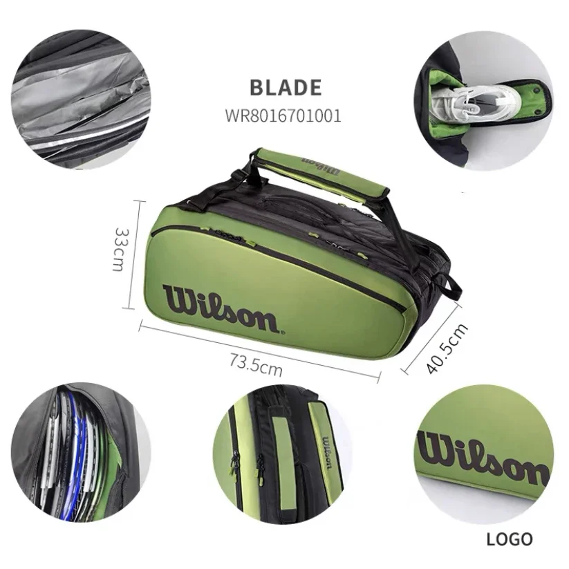 Wilson Blade Super Tour V8 Large Space 9 Pack Tennis Bag Green Professional Equipment Racquet Bag for Tennis Racket WR8016701001